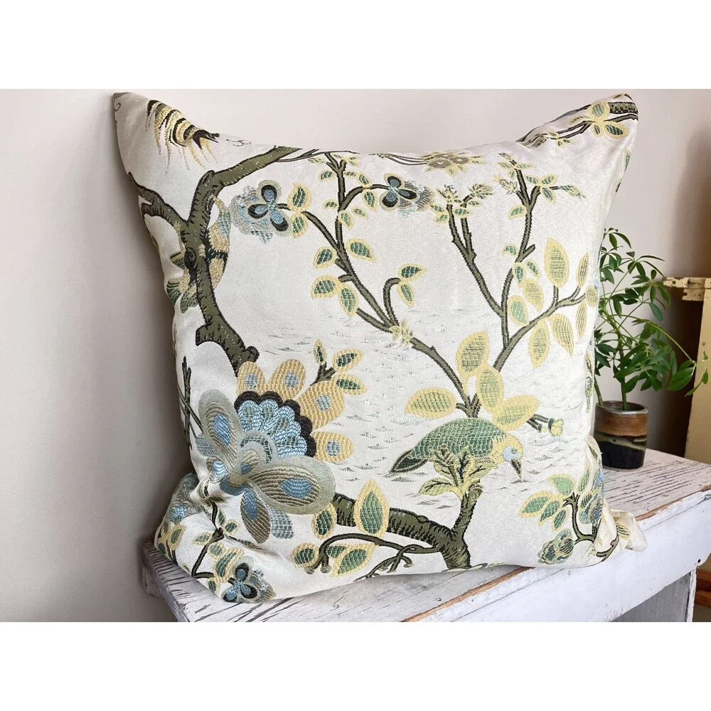 Vintage Hollywood Regency Peacock Flowers And Birds Pillow 22”x22” Estate Decor